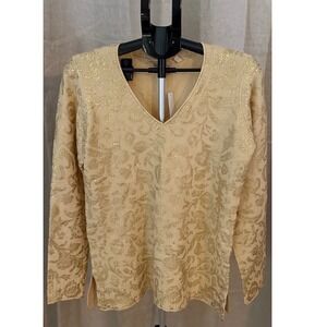 Soft Surroundings M Gold Metallic Floral V Neck Wool Blend Sweater Tunic NWT